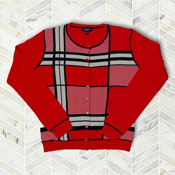 Burberry Sweaters - Burberry Womens 100% Cashmere Cardigan Sweater Large Red Black Plaid Striped